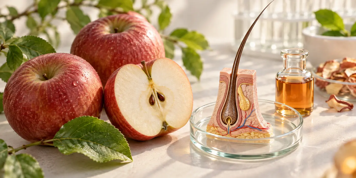 Illustration of apples, plant extract and a hair-follicle teaching model