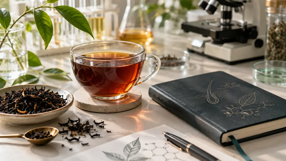 Black tea and laboratory materials representing hair research