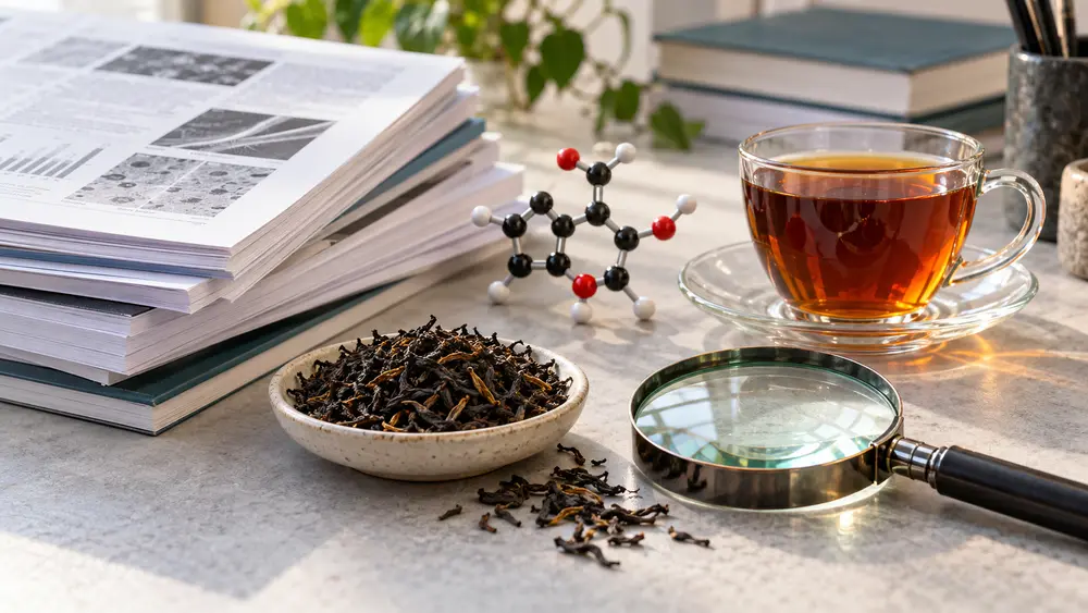 Black tea leaves, research papers and a molecular model
