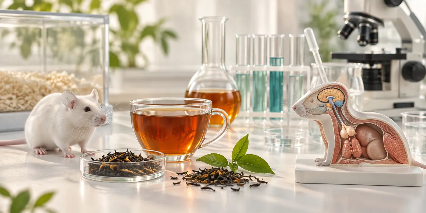Illustration of black tea and a mouse model in a laboratory setting