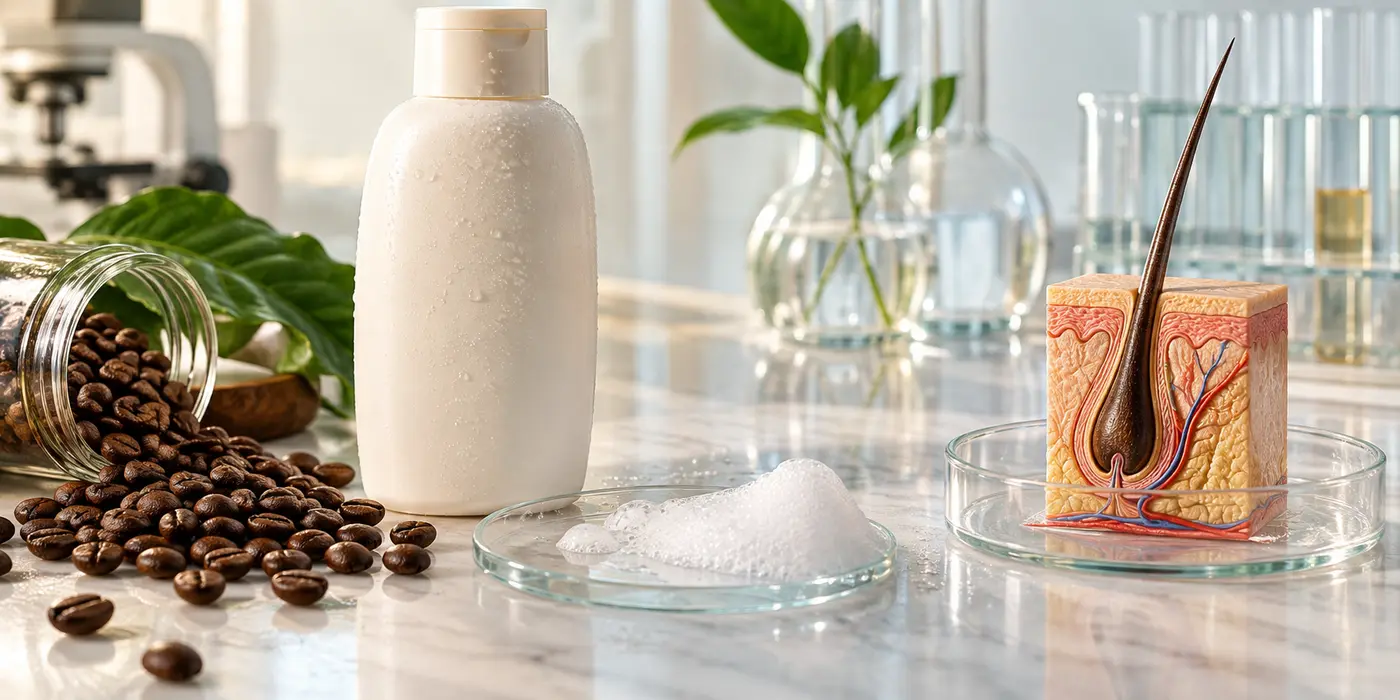 Illustration of coffee beans, unbranded shampoo and a hair-follicle teaching model