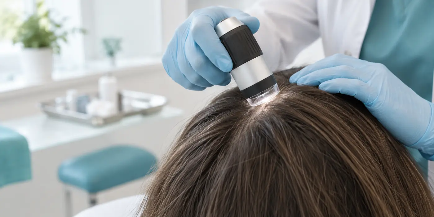 Conceptual illustration of a clinician examining scalp hair with a dermatoscope