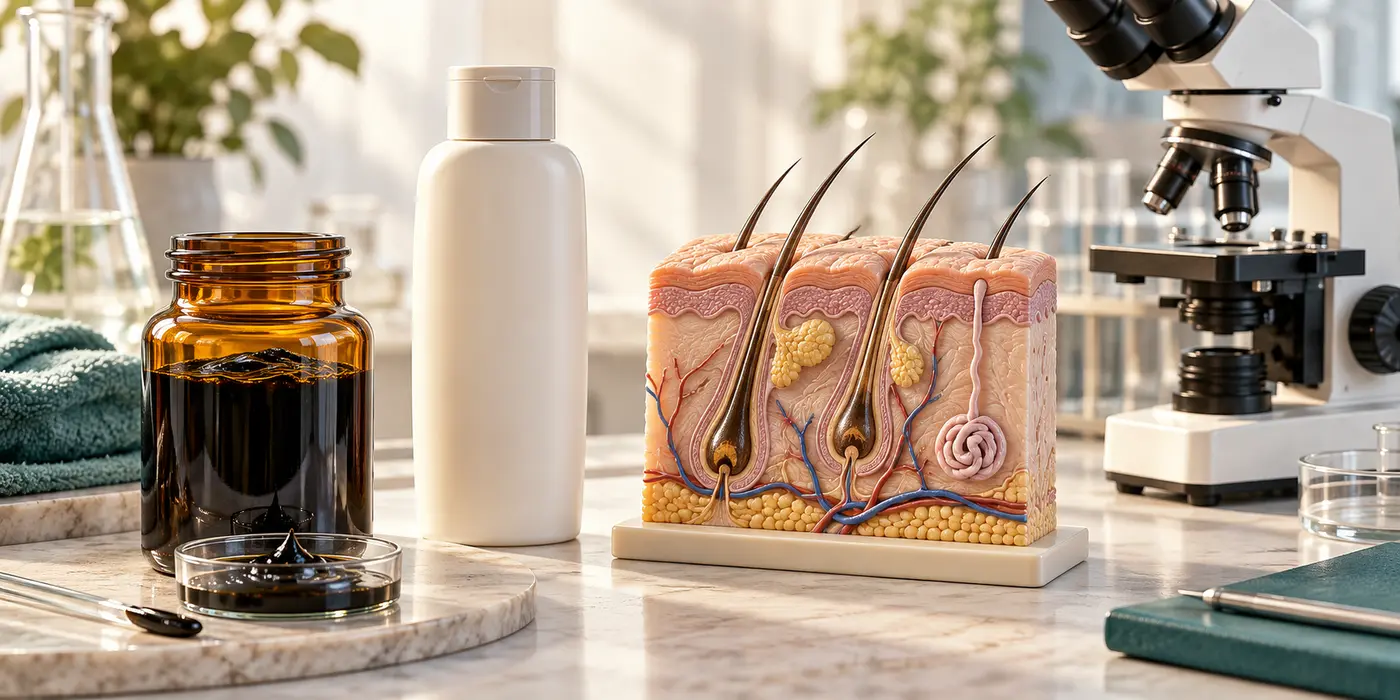 Illustration of a coal-tar preparation, shampoo and scalp teaching model