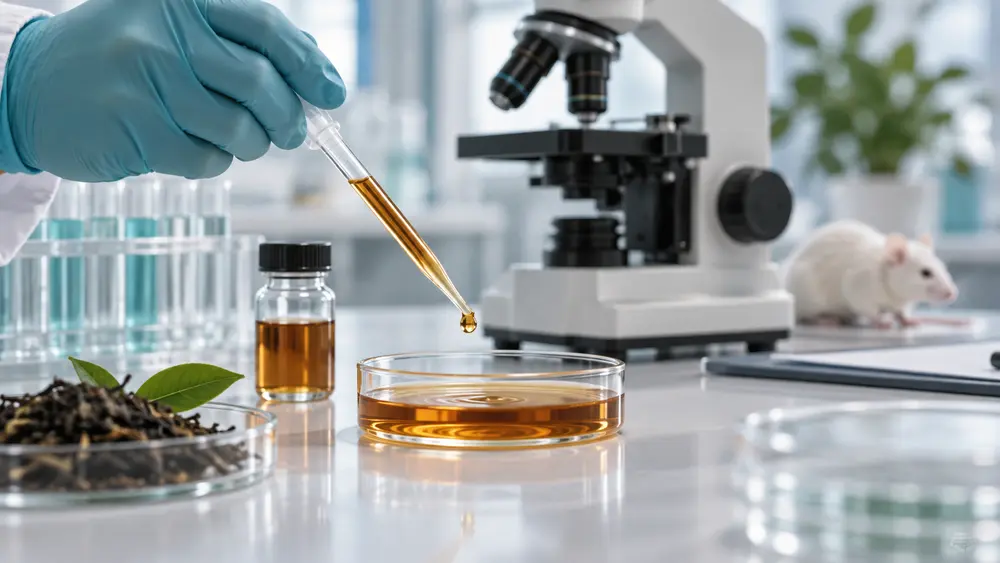 Conceptual illustration of a topical tea-extract experiment with a mouse