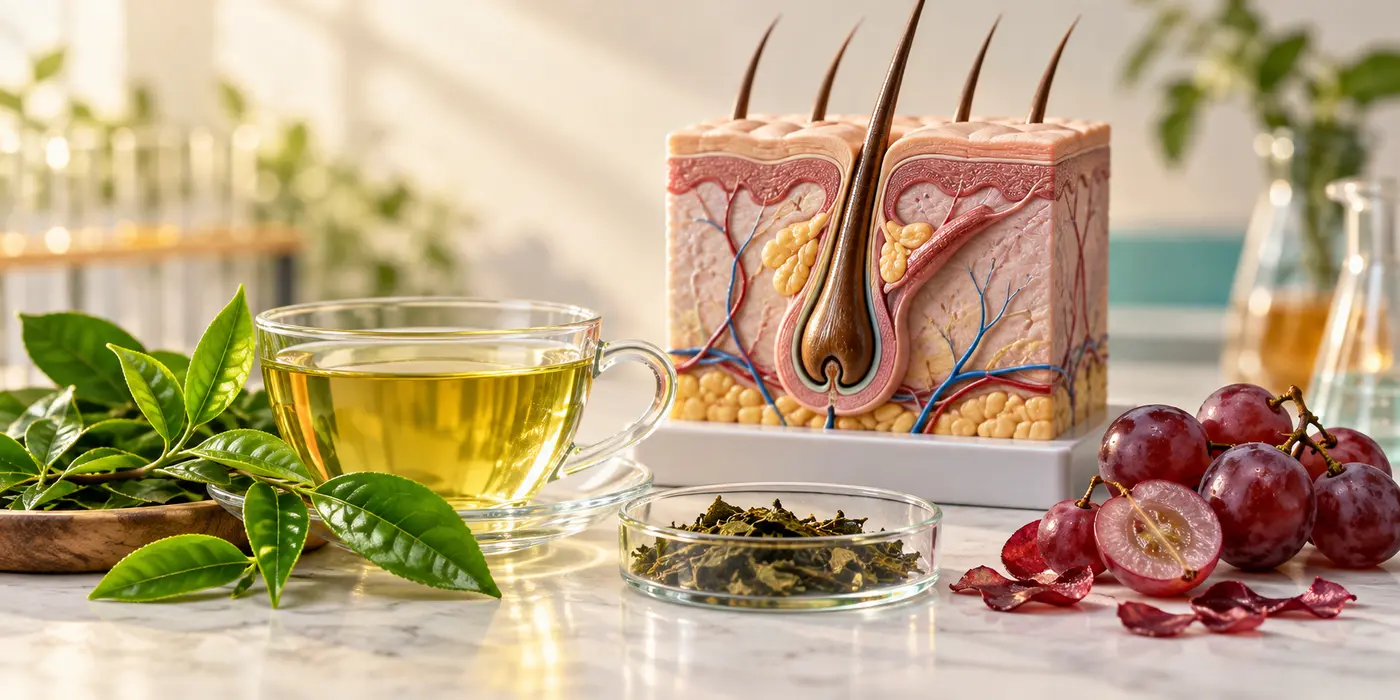 Illustration of green tea, grapes and a hair-follicle teaching model