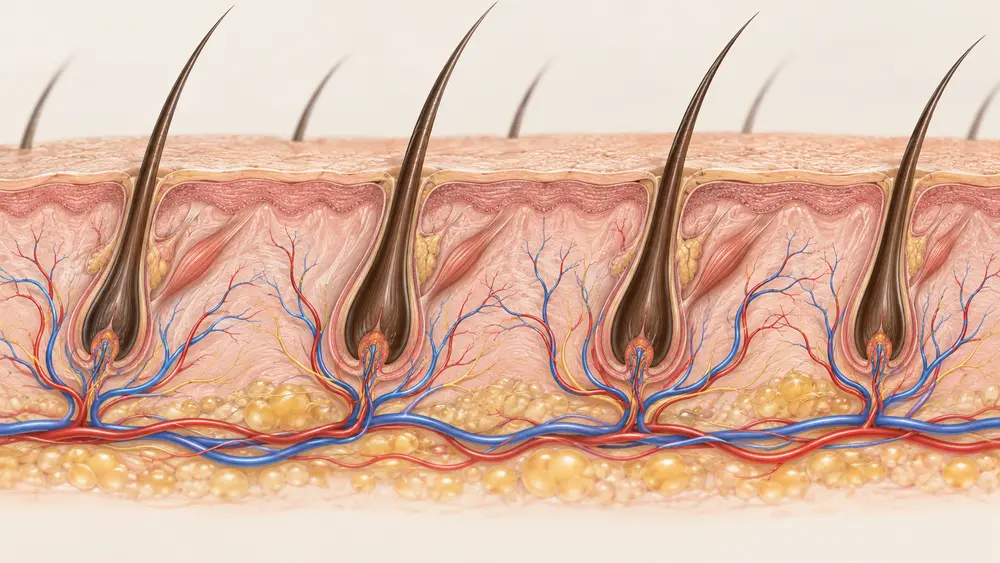 Illustration of hair follicles and the surrounding microcapillary network