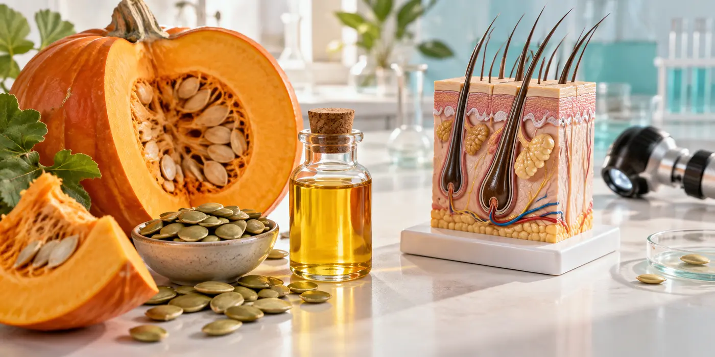 Illustration of pumpkin seeds, oil and a scalp teaching model