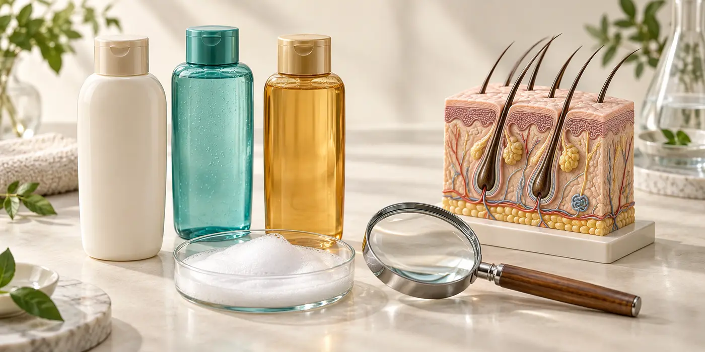 Illustration of three unbranded shampoos with a scalp model and magnifying lens