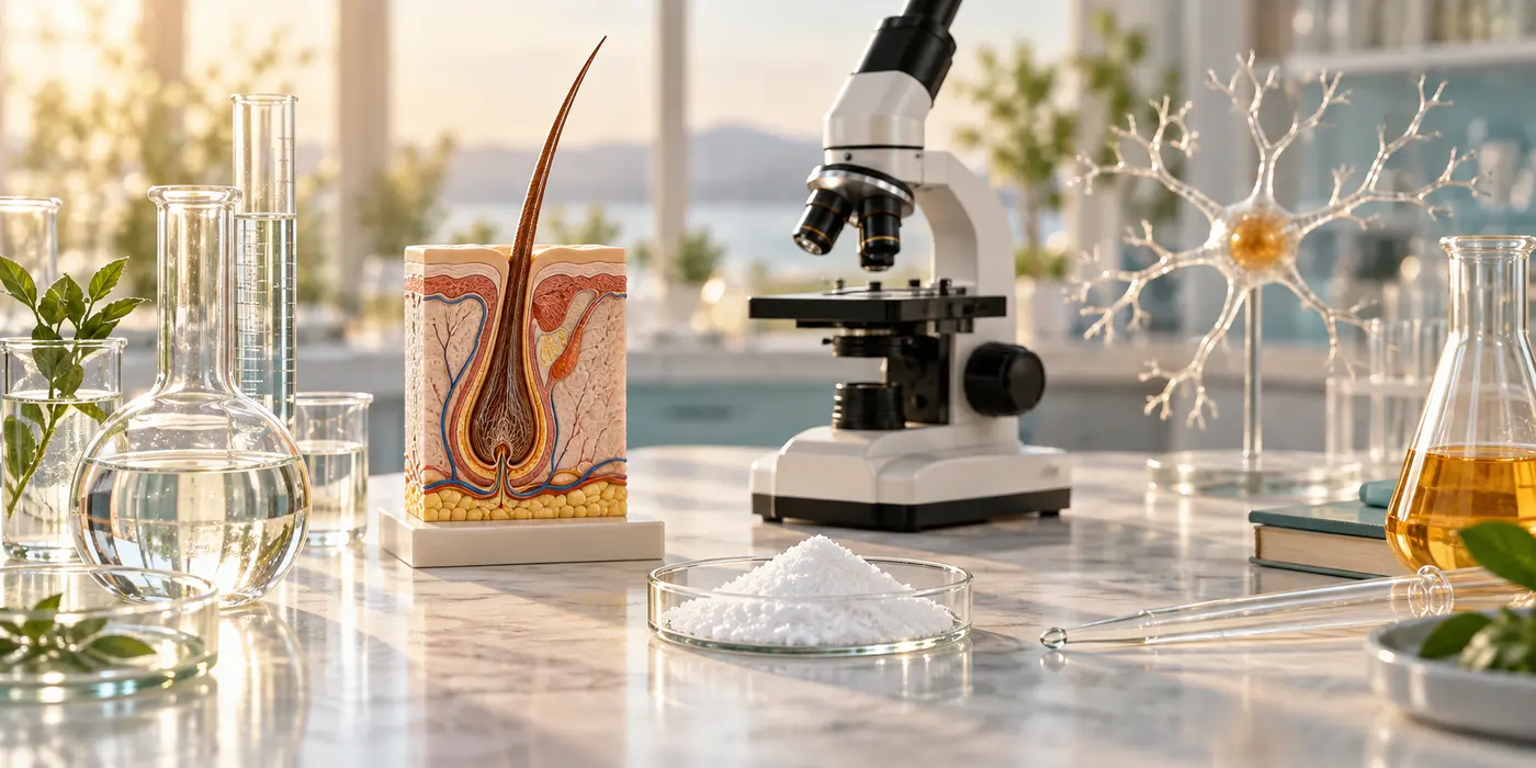 Conceptual illustration of laboratory equipment with hair-follicle and neuron models