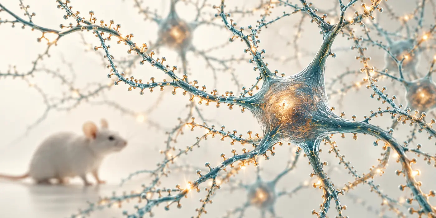 Conceptual illustration of a neuron network and a mouse representing animal research