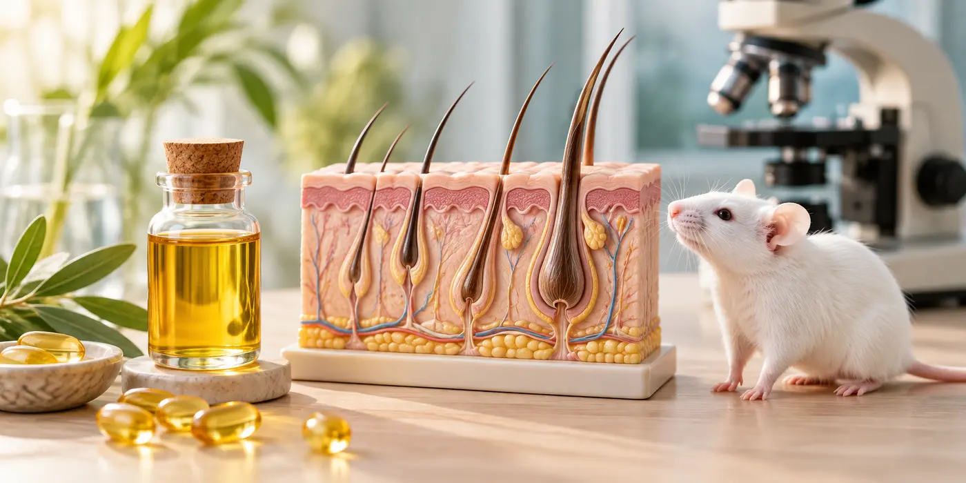 Illustration of vitamin E oil, a scalp model and a mouse representing animal research