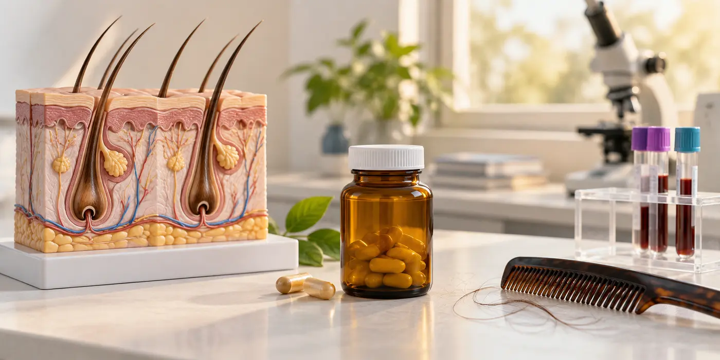 Illustration of a supplement bottle, sample tubes and a comb in a clinical setting